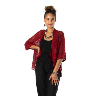 Popcorn Knit Short Sleeve Cardigan - Red