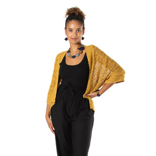 Popcorn Knit Short Sleeve Cardigan - Mustard