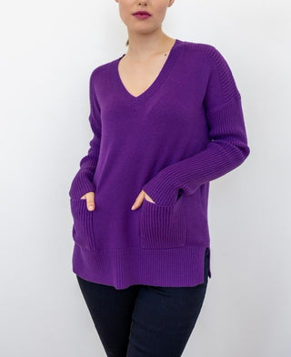 Ribbed V-Neck Pullover - Purple
