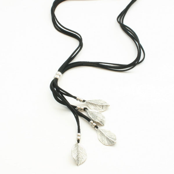 Long Black Suede Necklace With Leaves