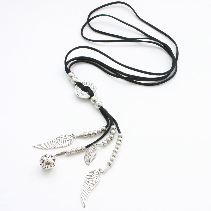 Long Black Suede Charm Necklace With Angel Wings