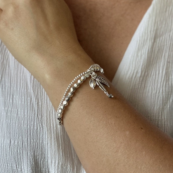 Double Strand Bracelet With Leaf Charms In Silver Plate