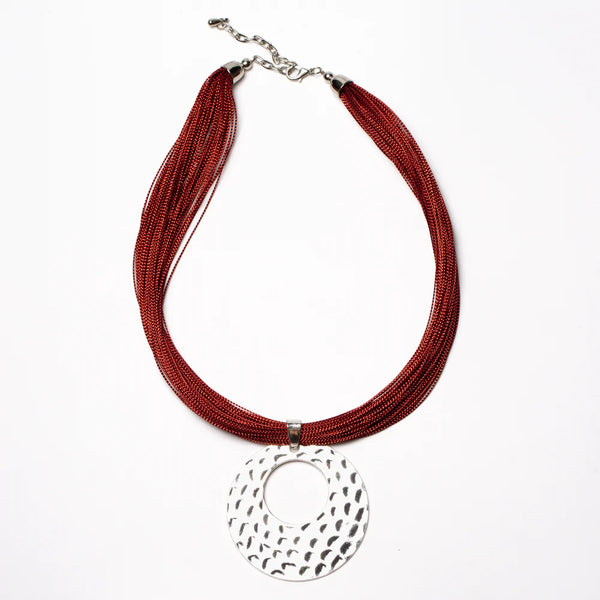 Beaten Disc Necklace On Multi Thread - Red